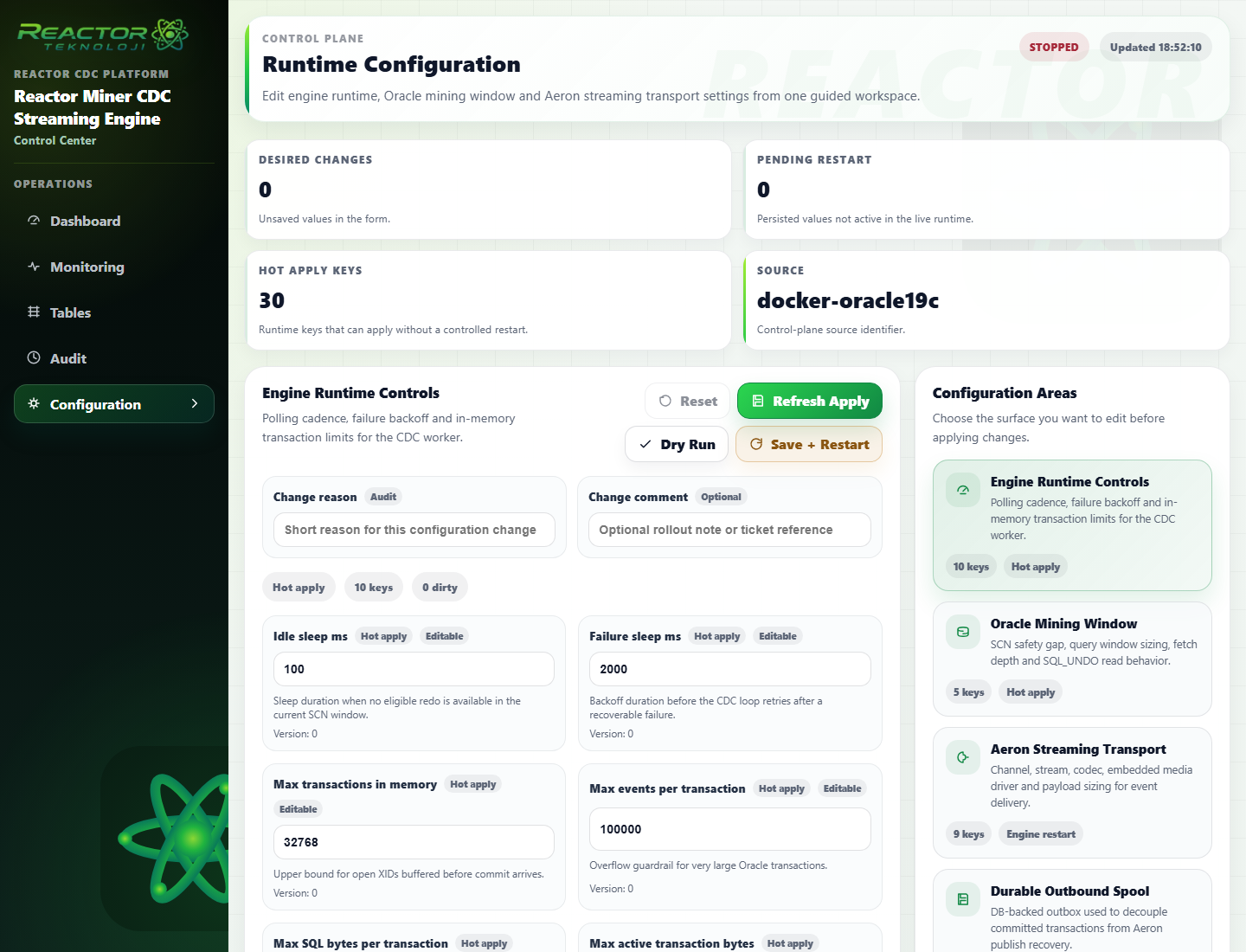 Reactor Miner CDC configuration ekranı