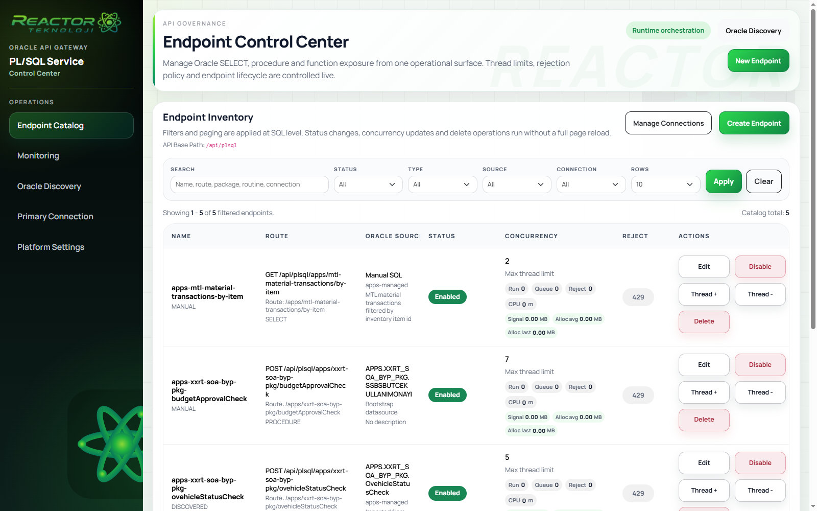 PL/SQL as a Service endpoint catalog ekranı